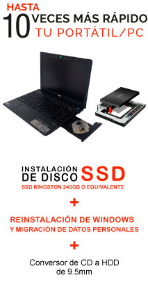 Disco SSD + reinstalación de Windows + conversor de CD a HDD + antivirus por 142 euros en Azuqueca